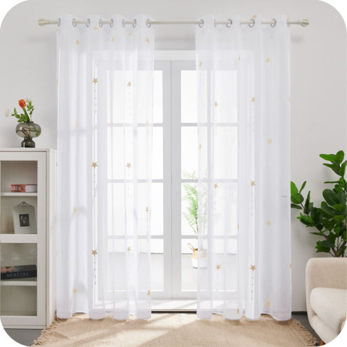 Ebern Designs Star Embroidered Light Filtering Sheer Curtains (Set of 2) | Wayfair