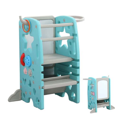 UNICOO® Multifunctional Kids Step Stool with Double Safety Rails, Height Adjustable, Toddler Tower for Kitchen Countertop and Bathroom with Big Drawing Board & Games (OMLT-Mint Green)