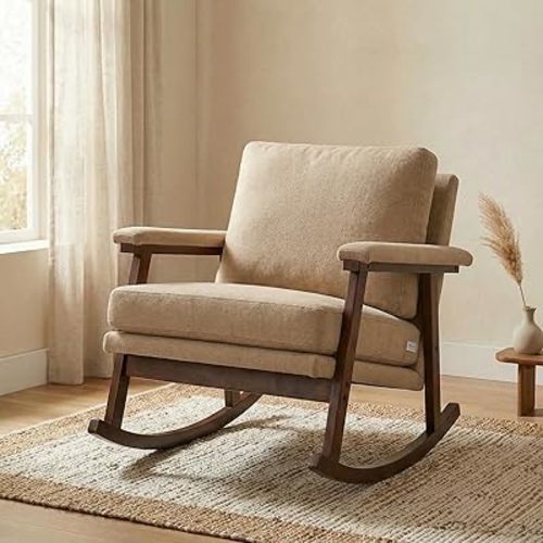 Rocking Chair for Nursery, Living Room & Bedroom, Upholstered Accent Chair with Solid Rubberwood Frame, Cozy Reading Chair for Small Spaces, (Khaki)