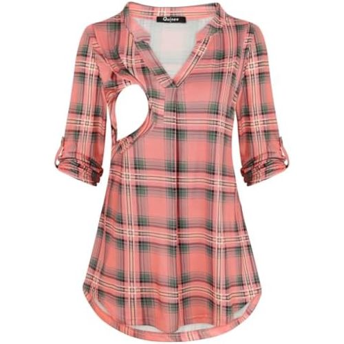 Quinee Nursing Tops for Breastfeeding Maternity 3/4 Rolled Sleeve Breastfeeding Shirts for Women