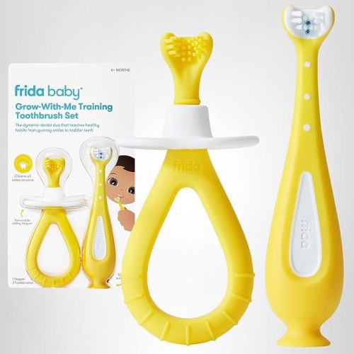 Frida Baby Grow-with-Me Training Toothbrush Set, Infant Baby Tooth brush & Toddler Toothbrush 6-18 Months, Soft Silicone Bristles, BPA-Free Oral Care for Sensitive Gums, Yellow