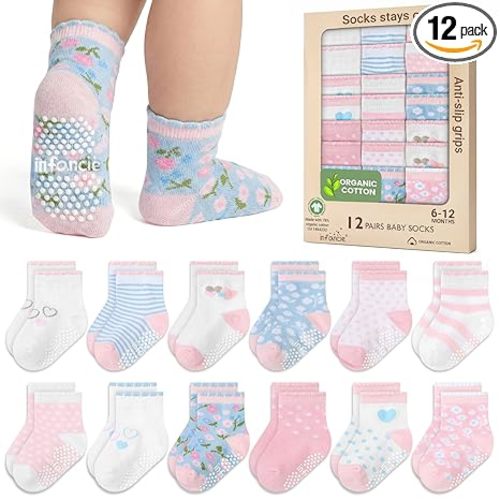 GOTS Organic Cotton Blend 12 Baby Girl Socks Newborn 6-12 M Non Slip Gift