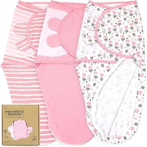 Bublo Baby Organic Swaddles for Newborns – Zipper Swaddles 0-3 Months, 3-Pack – Infant Sleep Sack with Zipper – Adjustable & Breathable Swaddle Blanket Wrap for Newborn Girls, Pink Flowers
