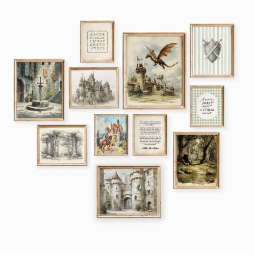 Vintage Kingdom Nursery Wall Art Set: Medieval Castle, Dragon & Knight Prints (Boy Room Decor)