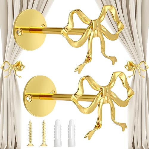 2 Pcs Gold Bow Curtain Tiebacks, Bow Curtain Holdbacks Wall Mounted, Suitable for Curtains and Bow Room Decoration