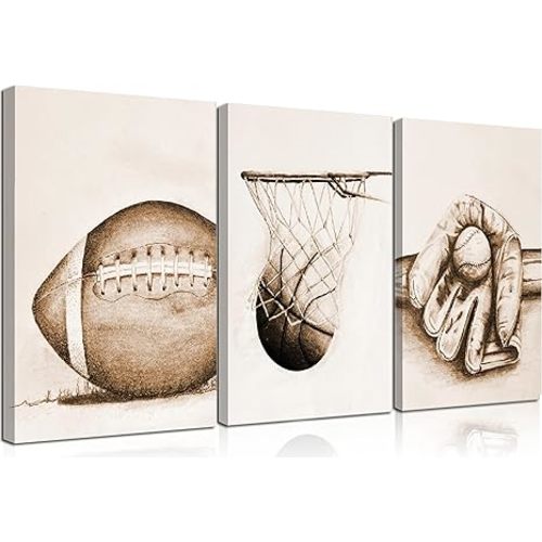3Pcs Sports Wall Art Football Baseball Basketball Theme Painting Picture Wall Decor Vintage Sport Poster Print Artwork for Boy Room Playroom Bedroom Gameroom Home Decoration