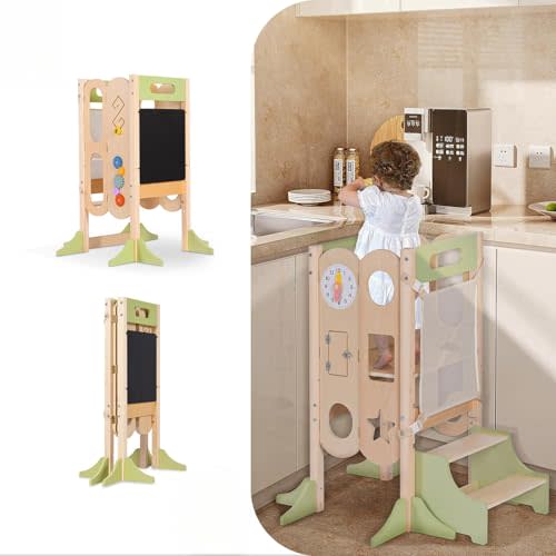 6 in 1 Toddler Tower with Removable Ladder, Foldable Wooden Kitchen Step Stool for Kids, Adjustable Children Helper Tower for Baby, Standing Tower with Safety Equipment and Black Board