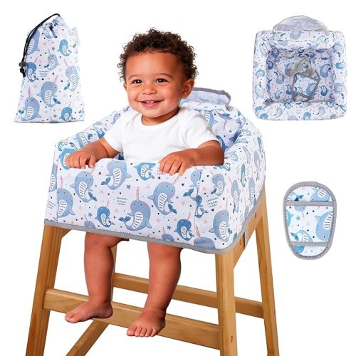 Lunobubo High Chair Cover Portable with 3-Point Harness, Waterproof Baby Seat Cover for Restaurant Travel Home Use, Machine Washable, Fits Wooden Chairs (Blue Whale)