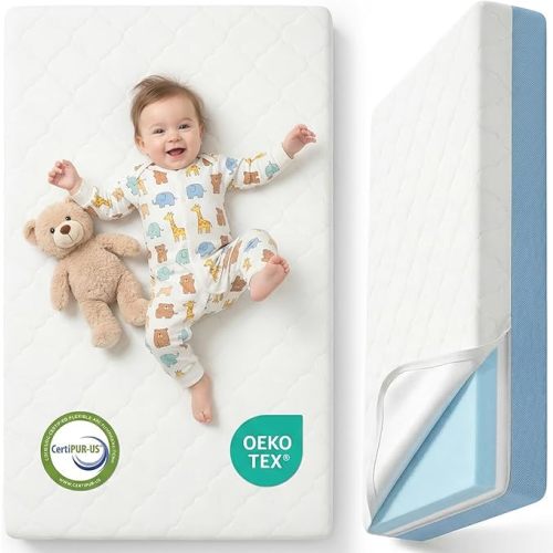 Dual Sided Baby Crib Mattress, 5 Inch Thick Soft & Firm Memory Foam Breathable Toddler Mattress, 4 in1 Standard Baby Bed Mattresses with Removable Washable Cover 52x27.6x5 - Blue