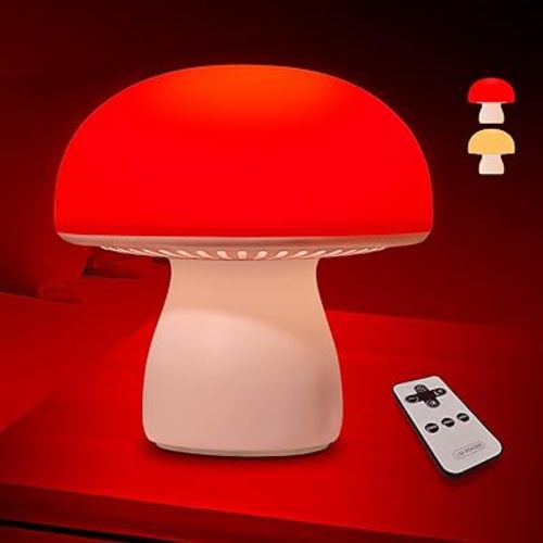 PowerTalk 670nm Red Light Lamp for Bedroom Sleep, Dimmable Mushroom Red Night Light with Timer, Remote & Touch Control for Baby Kids Adults - Portable and Rechargeable[2026 Upgrated Red Light Therapy]