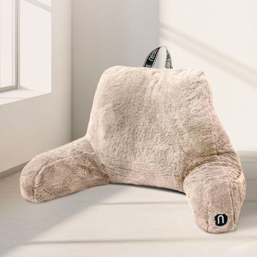 Nestl Fur Reading Pillow, Faux Fur Bed Pillow with Arms, Reading & Bedrest Pillow for Sitting in Bed Adult & Kids - Linen