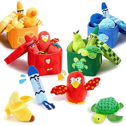 JoyCat Baby Toys 6-12 12-18 Months, Montessori Sensory Toys for 1 Year Old, 12 PCS Pushies with 4 Color Sorting Boxes, Animals Fruit Crinkle Crayon - Whats Inside Boy Girl