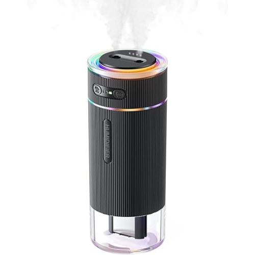 WSKEN Portable Small Humidifier for Bedroom - [Dual Nozzle Large Cool Mist] [Ambiance Lighting] [Car Smart On/Off] Ultrasonic Mini Personal Desk Air Humidifiers for Travel Office Baby Room,Black
