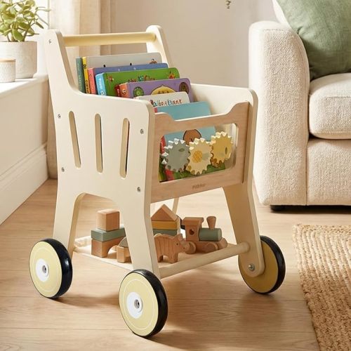 Wooden Shopping Cart for Kids, 3 in 1 Wooden Baby Push Walker, Baby Doll Stroller, Toy Shopping Cart for Toddlers 1-3