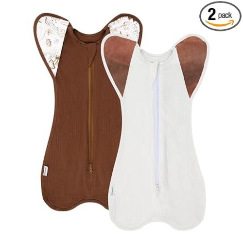 Muslin Cotton Transition Swaddle Sack with 2-Way Zipper, Self-Soothing Sleep Sack with Arms up,2 Pack (Brown&White, 0-3 Months)