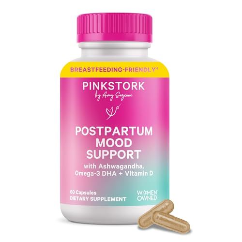 Pink Stork Postpartum Mood Support - Postnatal Hormone Balance for Women - Breastfeeding Friendly - Stress & Cognitive Support, New Mom Essentials - Ashwagandha, Chamomile, & Vitamin D, 60 Capsules