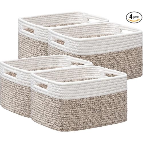 4 Pack Storage Baskets for Shelves, Baskets for Organizing, Cube Shelf Storage Bin with Handles, Woven Storage Basket, 13"L x 9"W x 7.5"H, White&Light Brown