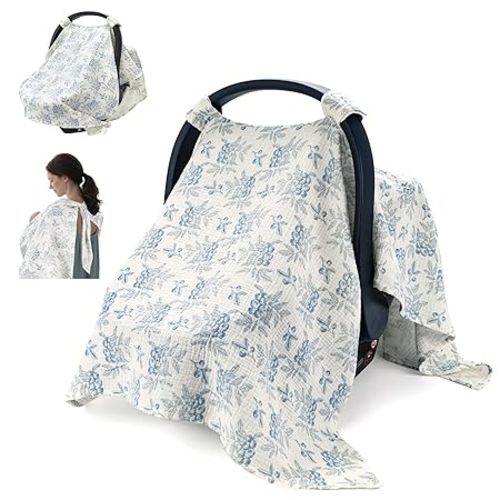 SERAPHY 100% Muslin Cotton Car Seat Cover Baby, 2 Pack Universal Carseat Covers Baby Boy Girl, Breathable Car Seat Canopy, Soft Infant Car Seat Cover for Summer and Winter—2 Pcs Pink&Flowers