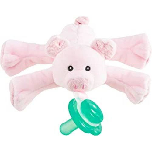 Nookums Paci-Plushies Shakies - Pacifier Holder with Built in Rattle (2 in 1)- Adapts to Name Brand Pacifiers, Suitable for All Ages, Plush Toy Includes Detachable Pacifier (Pig)