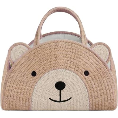 Lmbabter Baby Diaper Caddy Cotton Rope Diaper Organizer Basket Rainbow Theme Nursery Storage Bin Daypack Car Travel (Khaki Bear)