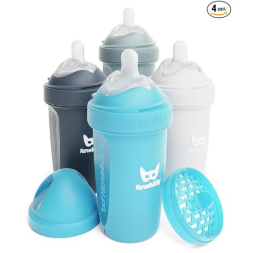 Herobility Anti-Colic Baby Bottles 8.5 fl oz/240ml - Pack of 4 Plastic Baby Bottles, Slow Flow Plastic Bottles, Breast-Shaped Teat for Breastfed Babies, – Multicolor - White, Gray, Iron Blue, Blue