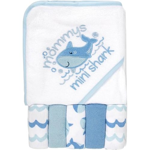 Baby Hooded Bath Towel and Washcloth Set for Infant Boys 6-12 Months (Mini Shark Blue)