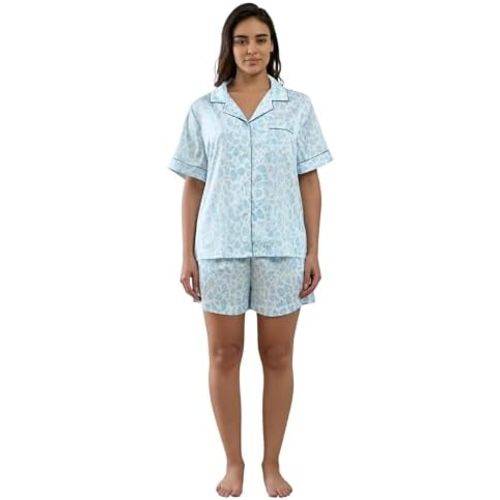 Womens Silk Satin Shorts Pajamas Set Button Down 2 Piece Pjs Short Sleeve Oversized Sleepwear with Pockets