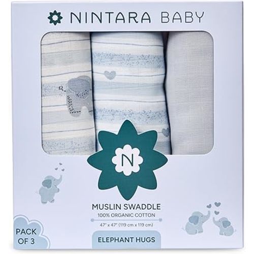 NINTARABABY Swaddles for Newborns - 100% Organic Premium Muslin Cotton, 47" x 47", Ultra-Soft, Breathable, Lightweight & Multipurpose, Gifts for 0-3 Months, Pack of 3
