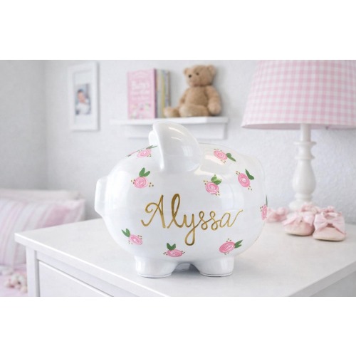 Piggy Bank for Girls - Personalized Piggy Bank Girls - Baby Girl Gift - 1st Birthday Gift - Large Hand Painted Piggy Bank - Floral