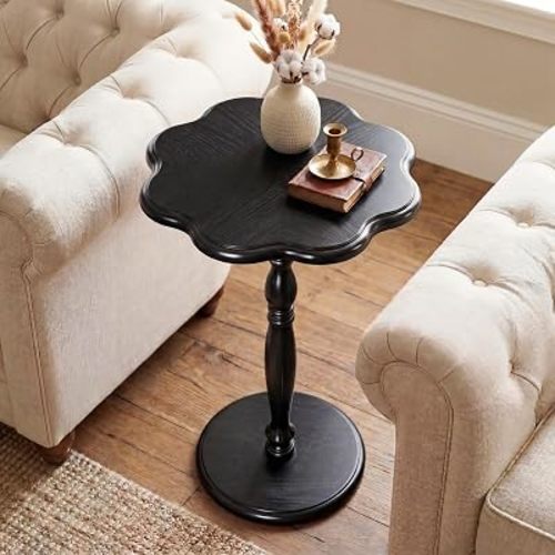 STO'SENSE 12" W Black Round Side Table,Drink Table for Small Spaces,Mid-Century Modern Accent Nightstand w/Solid Wood Leg,Sofa Pedestal Table w/Classic Sculpted Design Living Room,Tool-Free Assembly