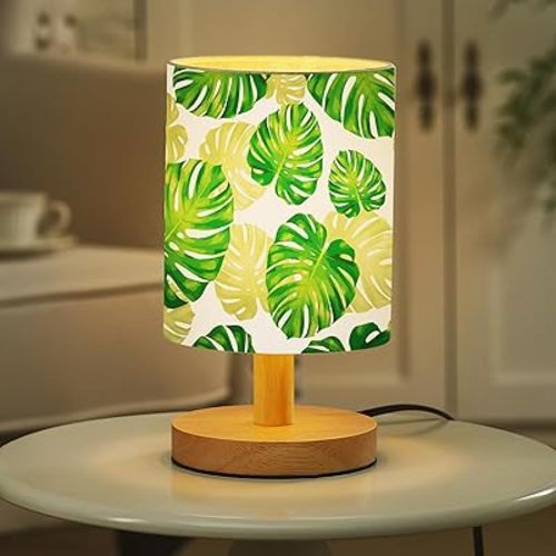 VIHOSE Jungle Animal Table Lamp Bedside Table Lamp Monstera Palm Leaves Vintage Nightstand Light with Linen Fabric Shade Solid Wood Base Decoration for Living Room Bedroom Desk Dorm