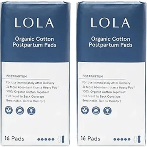 LOLA Organic Cotton Postpartum Pads - Max Absorbency Pads for Postpartum Bleeding - Extra-Long Overnight Liners for Women - Hospital Bag Essentials - 32 Count, Unscented