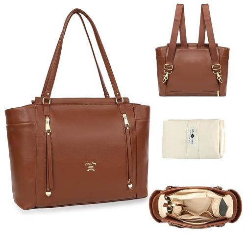miss fong Diaper Bag Tote Leather Diaper Bag Backpack, Large Capacity Mommy Bag Hospital Bag, 12 Pockets Travel Diaper Tote with Changing Pad Pañaleras Para Bebe for Mom & Dad-Brown | Large Capacity