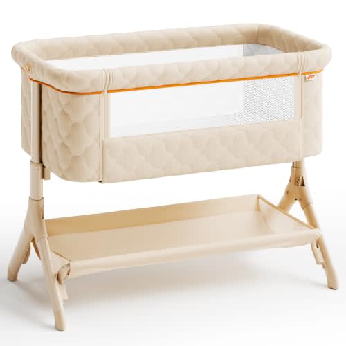 Pamo babe Bedside Bassinet for Baby, 3-in-1 Foldable Travel Bassinet with Wheels, Portable Baby Bassinet Adjustable Height, Storage Bag, Baby Bedside Sleeper Ideal Gift for Newborn Parents (Beige)