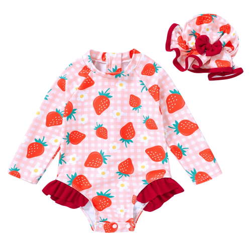 Younger Tree Infant Baby Girl One-Piece Swimsuit Long Sleeve Rash Guard Swimwear Hat Bathing Suit Set for 3-6 Months