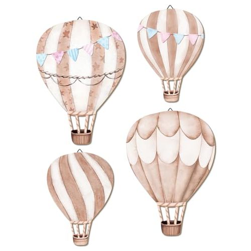 Putuo Decor 4 Pcs Hot Air Balloon Wall Decor with Triangle Hooks, MDF Wall Art for Kids’Room, Nursery Playroom Dreamy Cloud Themed Decorations Light Brown(10.9 X 7.8 inches, 8.1 X 5.8inches)