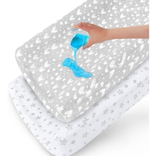 Waterproof Changing Pad Cover 2 Pack, 100% Cotton Change Table Cover Sheets, Ultra Soft, Unisex White Grey Star Print