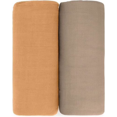 Comfy Cubs Muslin Swaddle Blankets Pack of 2 - 47 x 47 Inch Soft Cotton Baby Blanket Set, Large Multipurpose Wraps for Newborns - Self-Soothing Swaddles for Newborns - Cedar & Caramel