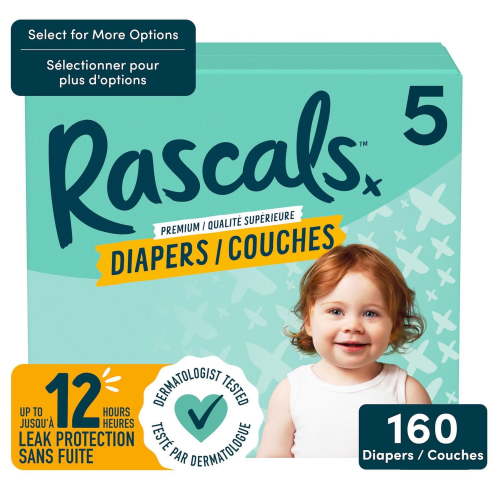 Rascals Premium Diapers, Size 5, Mega Carton, 160 Count, Size 3-7