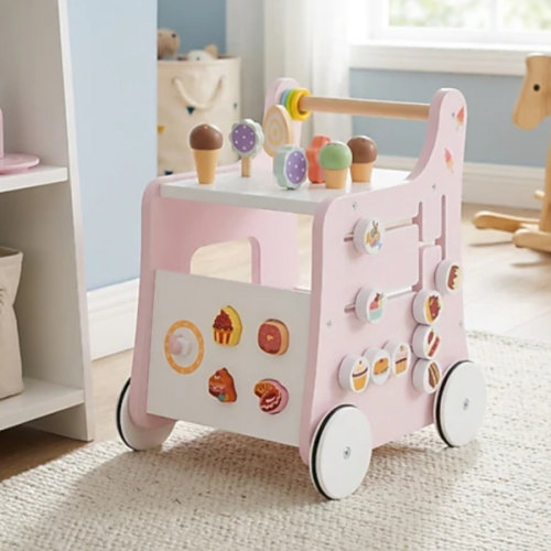 2-in-1 Wooden Baby Walker and Ice Cream Shop Playset with Dessert Sorter Maze Sliders and Under-Counter Storage Pink, Color: Pink - JCPenney