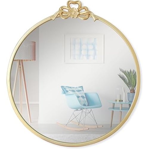15.75" Small Bow Decorative Round Mirror,Gold Metal Frame Circle Mirror, Wall Mounted for Entryway, Bathroom, Vanity, Living Room