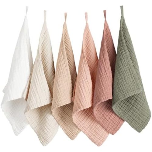 Konssy 6 Pack Muslin Baby Washcloths, 100% Cotton Wash Cloth Set