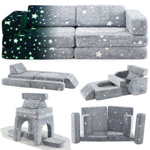 10 Pieces Modular Kids Play Couch Sectional Sofa Glow in the Dark-Gray