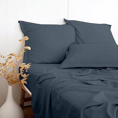 Dusty Blue Linen-Textured Bed Sheets Set, Bamboo Rayon , Cotton , Linen Blend Bed Sheets Queen Size, Soft Cool & Breathable for Hot Sleepers,Durable Natural Organic Bed 15'' Deep Pocket - 4 Piece