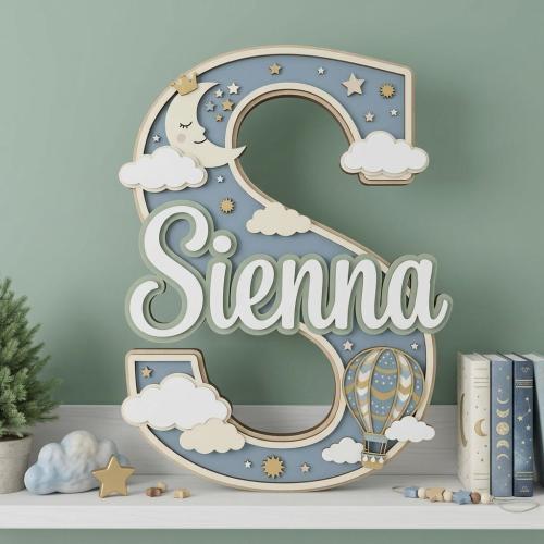 Custom Wooden Name Sign Air Balloon Nursery Decor, Personalized Cloud Moon Baby Gift, Night Sky Wood Letter, New Baby Gift, Kids Room Art