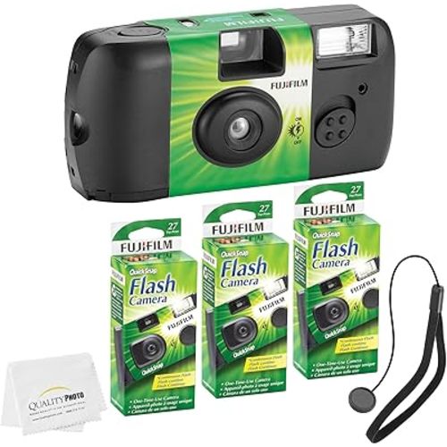 Fujifilm QuickSnap Flash 400 Disposable 35mm Camera + Hand Strap + Quality Photo Microfiber Cloth (3 Pack)