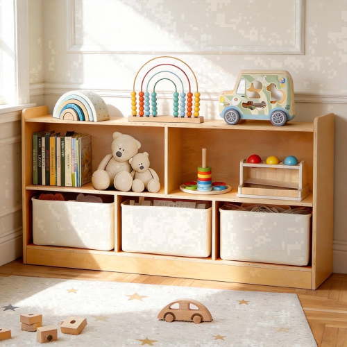 Jolie Vallee Montessori Bookshelf Toy Storage, 2 Shelves, 5-Section