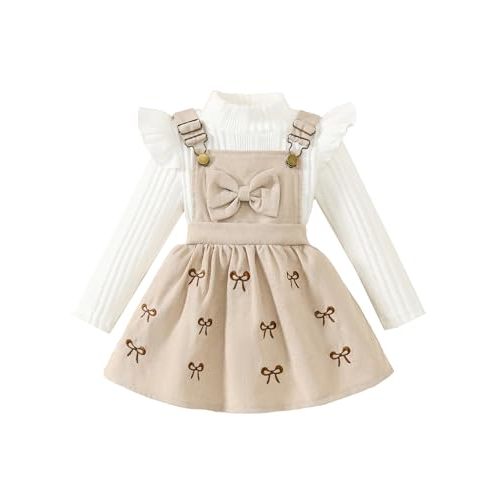 Toddler Baby Girl Outfits Long Sleeve Ribbed T-Shirt Bow Overall Dresses Suspender Skirt Set Spring Clothes