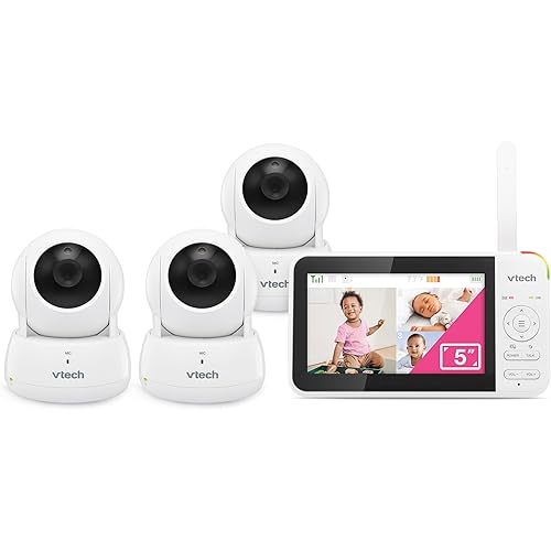 VTech Video Baby Monitor with 3 Cameras, 5" LCD Screen, Up to 17Hrs Video & 31Hrs Audio Battery Life, Night Vision, 1000ft Range, Pan-Tilt-Zoom, Lullabies, Soothing Sounds, Temperature Sensor, VM924-3