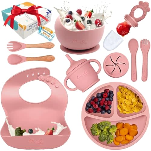 Silicone Baby Feeding Set, Suction Plates Bowls Bibs for Self Feeding –Pink | Baby Led Weaning Supplies, BPA-Free, Toddler Spoons Forks, Extra-Strong Suction, Empower Independence, Easy Clean